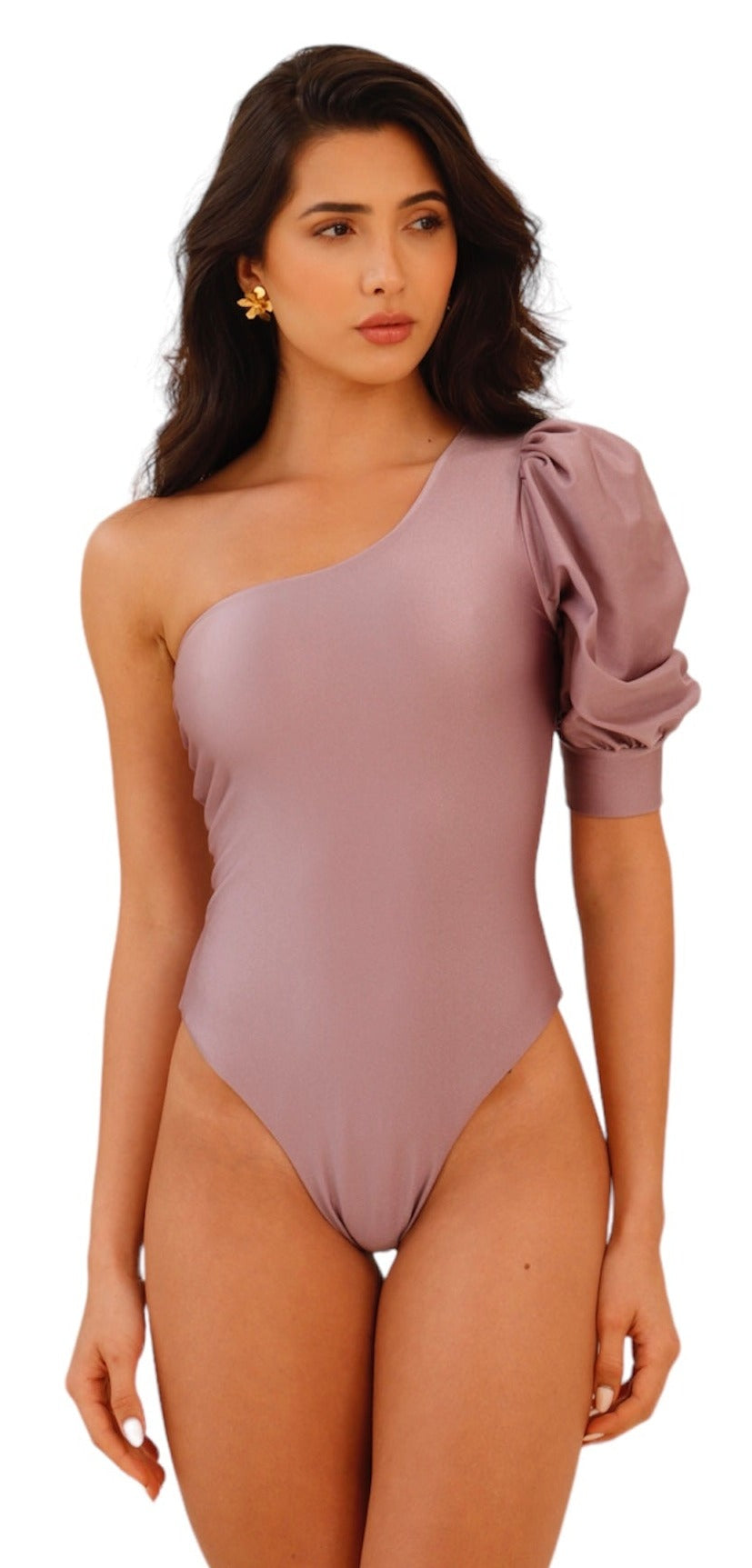 Milano One Piece Swimsuit - Puff Sleeve One-Shoulder Top - High-cut Bottom  - Lilac - Small